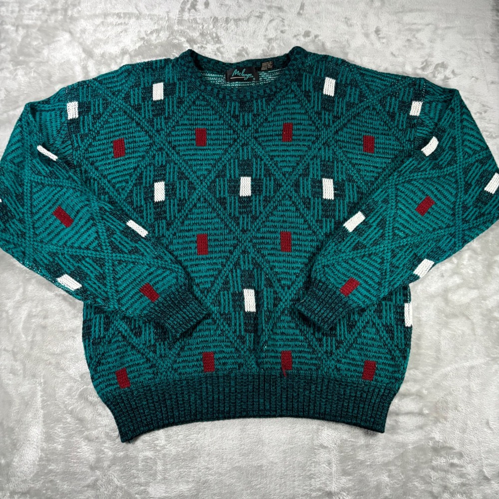 Melange Vintage 90s Teal Geometric Diamond Knit Acrylic Sweater Mens Large